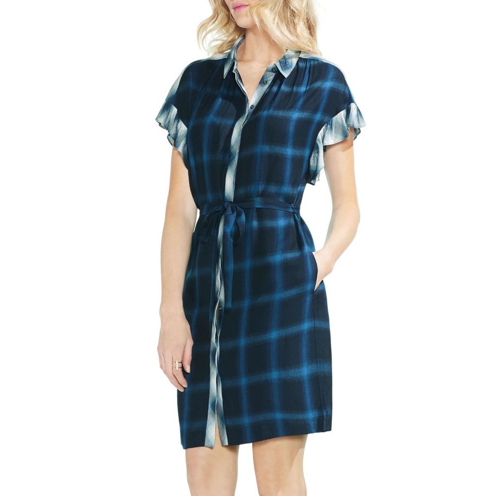 Vince Camuto Blue tartan plaid ruffle dress